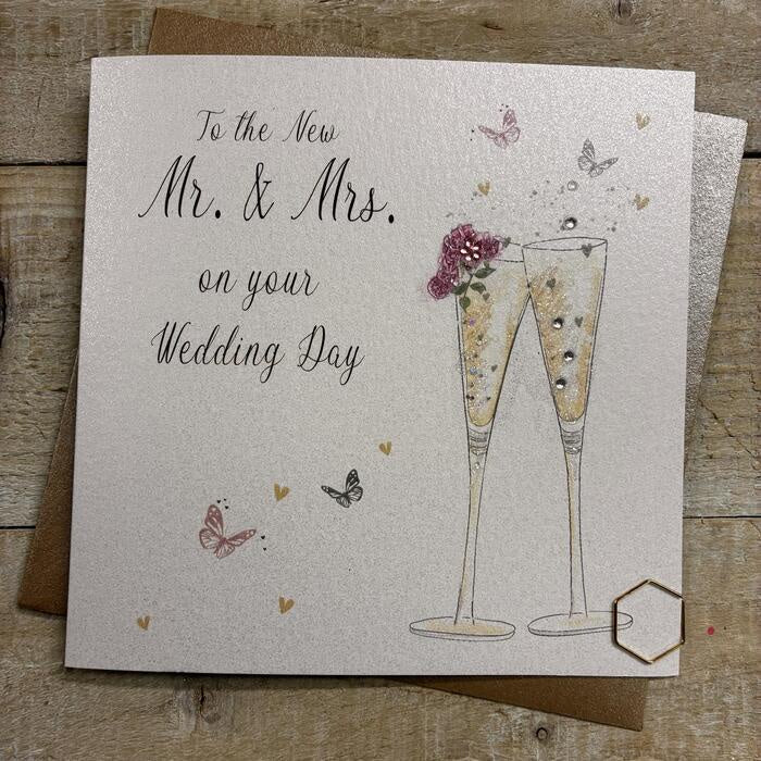Wedding Card: WEDDING FLUTES & FLOWERS Hand Finished  - White Cotton Cards