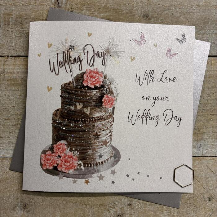 Wedding Card: WEDDING CAKE & SPARKLERS Hand Finished  - White Cotton Cards
