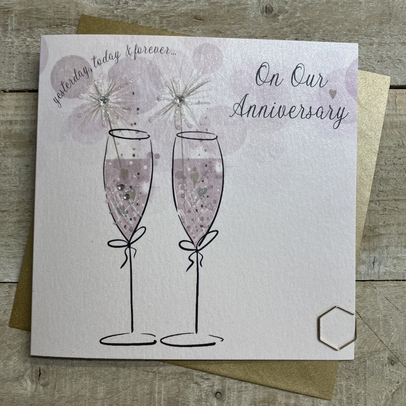 Anniversary Card: On Our Anniversary Sparkler 2 Flutes Handmade Crystals Glitter - Pink - White Cotton Cards