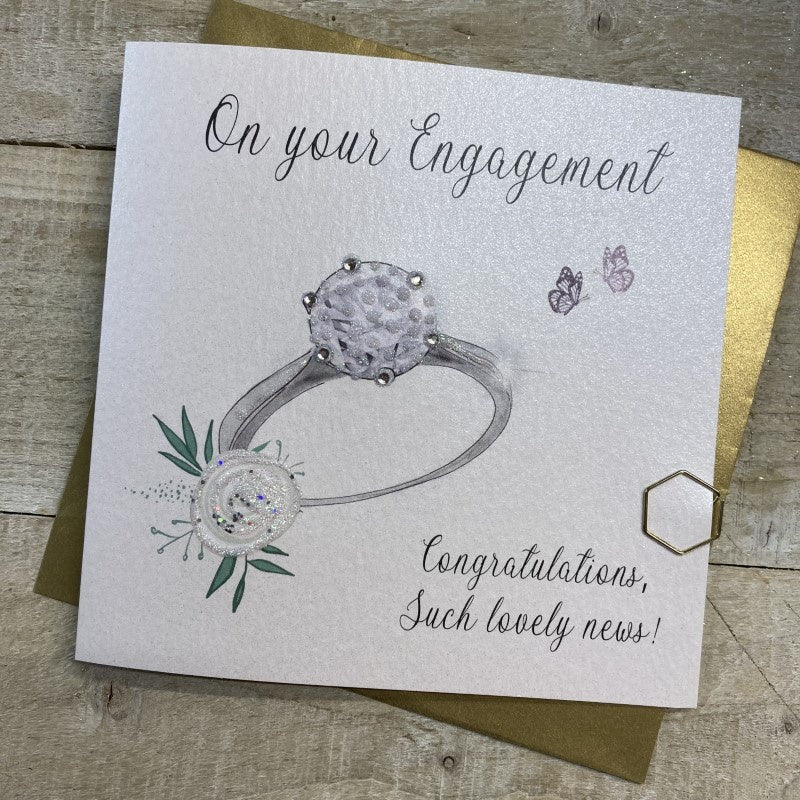 Engagement Card: Your Ring Flower Glitter Crystals Handmade Crystals Glitter - White - White Cotton Cards