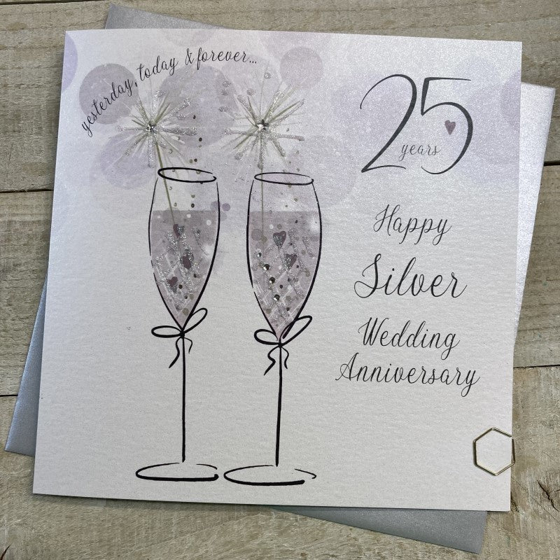Anniversary Card: Silver 25th Sparkler 2 Flutes Handmade Crystals Glitter - Silver - White Cotton Cards