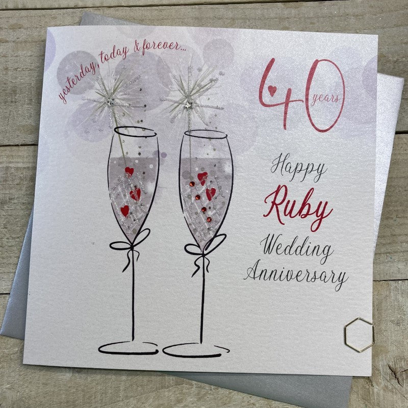 Anniversary Card: Ruby 40th Sparkler 2 Flutes Handmade Crystals Glitter - Red - White Cotton Cards