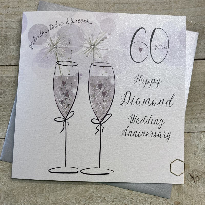 Anniversary Card: Diamond 60th Sparkler 2 Flutes Handmade Crystals Glitter - Silver - White Cotton Cards