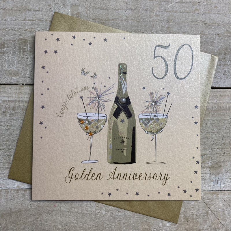 Anniversary Card: Golden 50th Champagne Bottle Flutes - White Cotton Cards