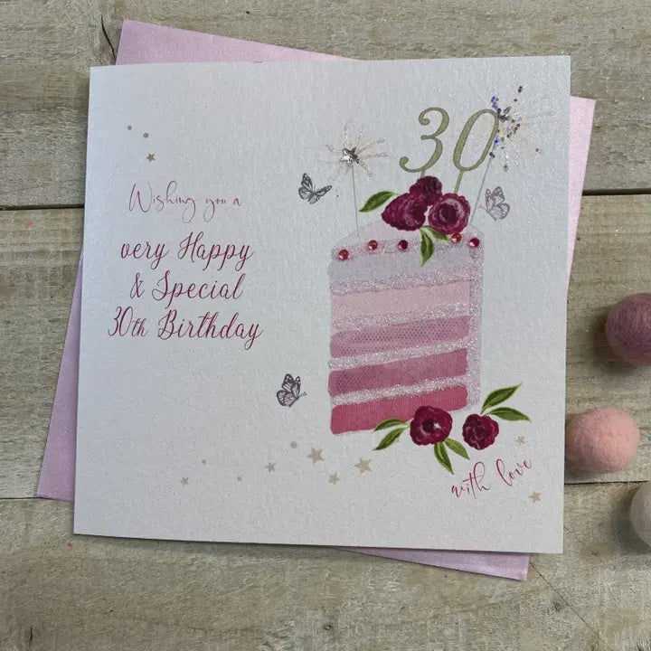 Age 30th Card: Slice Of Cake Hand Finished Crystals & Glitter - Pink - White Cotton Cards