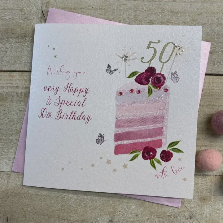 Age 50th Card: Slice Of Cake Hand Finished Crystals & Glitter - Pink - White Cotton Cards
