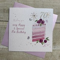 Age 70th Grandma Card: Layer Cake Slice Hand Finished Crystals & Glitter - Pink - White Cotton Cards