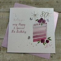 Age 80th Grandma Card: Layer Cake Slice Hand Finished Crystals & Glitter - Pink - White Cotton Cards