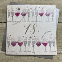 Age 18th Card: Lots of Drinks Hand Finished Crystals & Glitter - Pink - White Cotton Cards