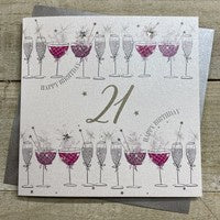 Age 21st Card: Lots of Cocktails Hand Finished Crystals & Glitter - Pink - White Cotton Cards