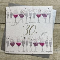 Age 30th Card: Lots of Cocktails Hand Finished Crystals & Glitter - Pink - White Cotton Cards