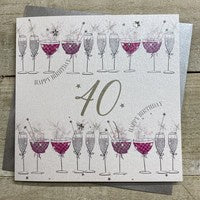 Age 40th Card: Lots of Cocktails Hand Finished Crystals & Glitter - Pink - White Cotton Cards