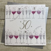 Age 50th Card: Lots of Cocktails Hand Finished Crystals & Glitter - Pink - White Cotton Cards