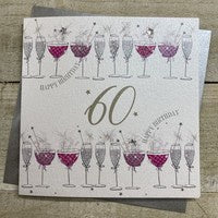 Age 60th Card: Lots of Cocktails Hand Finished Crystals & Glitter - Pink - White Cotton Cards