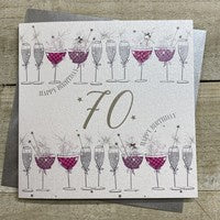 Age 70th Card: Lots of Cocktails Hand Finished Crystals & Glitter - Pink - White Cotton Cards
