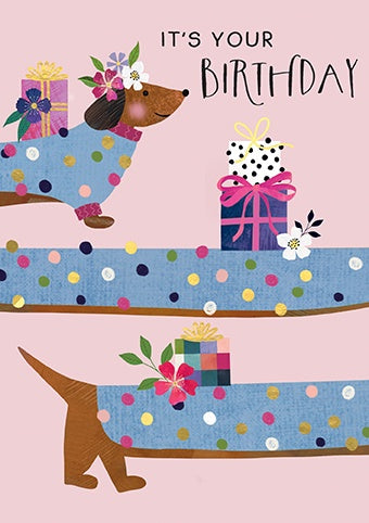 Birthday Card: Sausage Dog and Presents - Paper Rose