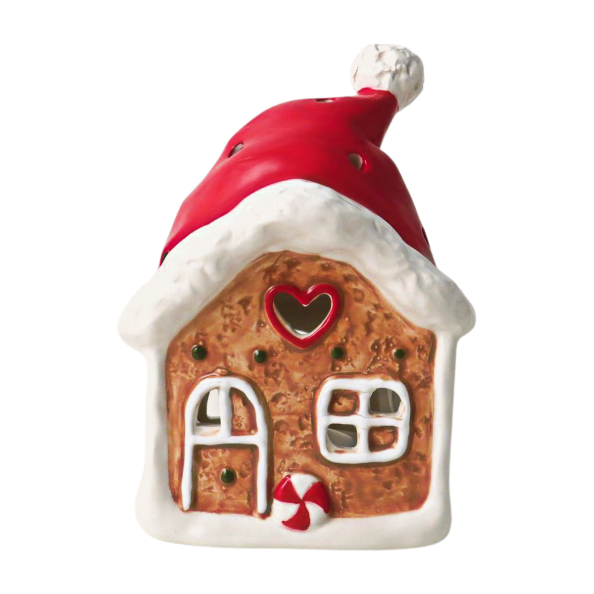 T - Light Holder: Ceramic Gingerbread House With Christmas Hat - Giftware rading
