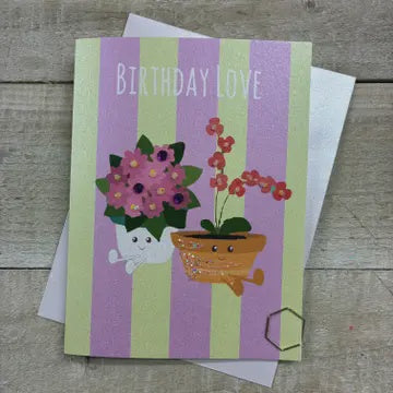Birthday Card: Birthday Love Flowers DOODLEBUG - Hand Finished - White Cotton