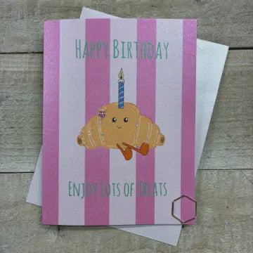 Birthday Card: Happy Birthday Enjoy Lots Of Treats DOODLEBUG - Hand Finished - White Cotton