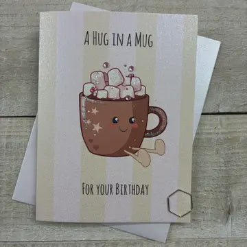 Birthday Card: A Hug In A Mug Hot Chocolate DOODLEBUG - Hand Finished - White Cotton