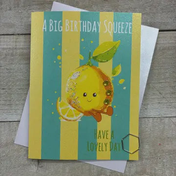 Birthday Card: Big Birthday Squeeze LEMON DOODLEBUG - Hand Finished - White Cotton
