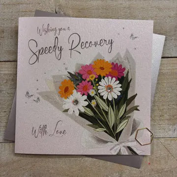 Get Well Card: Speedy Recovery Bouquet Of Flowers - White Cotton Cards