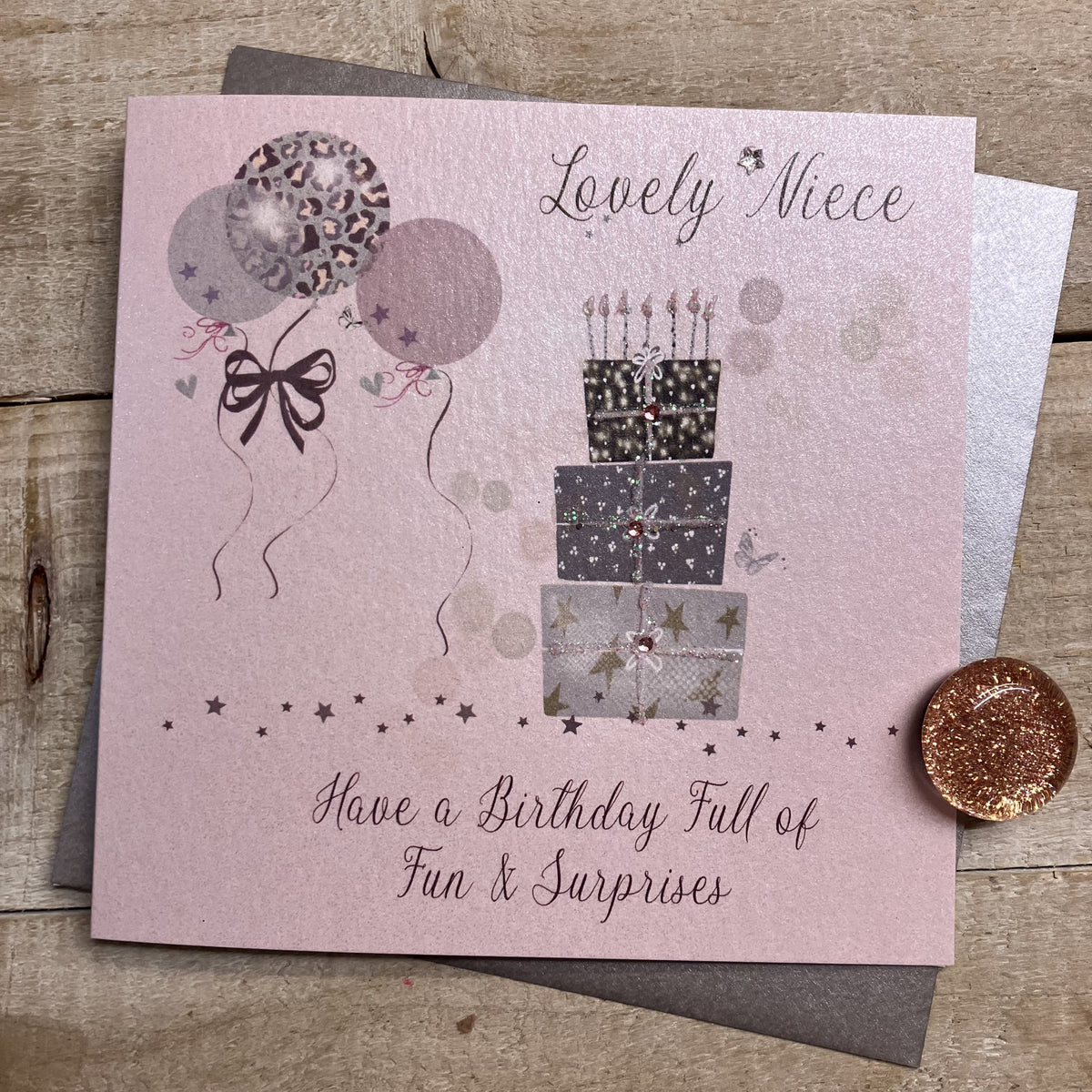 Niece Card: Balloons Cake Presents - White Cotton Cards