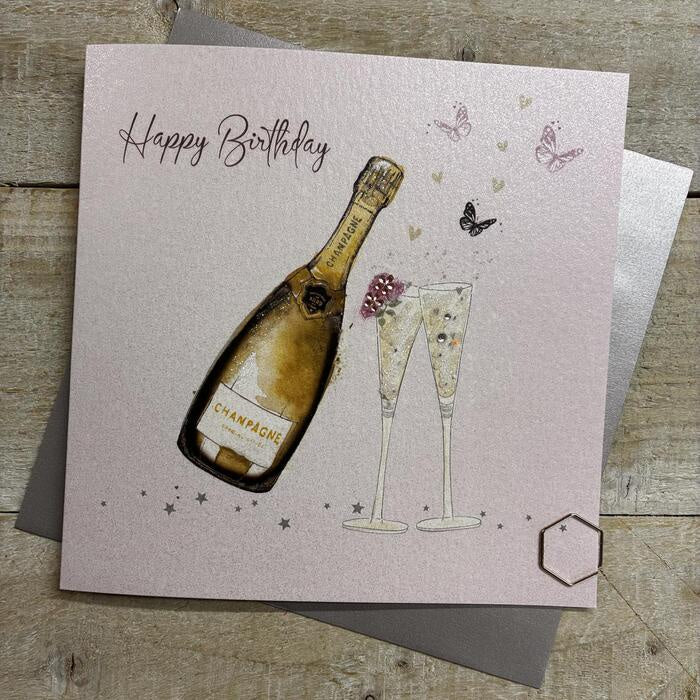 Birthday Card: PINK & GOLD CHAMPS Hand Finished  - White Cotton Cards