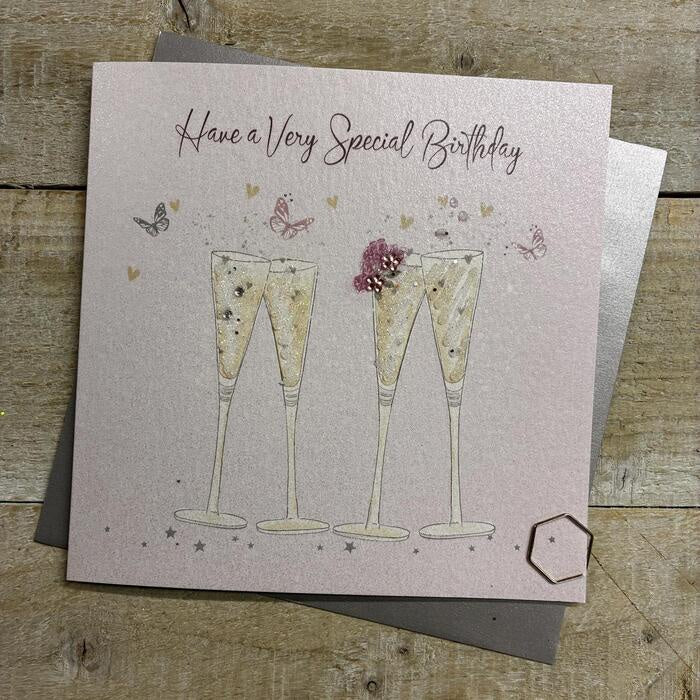 Birthday Card: 4 TALL FLUTES Hand Finished  - White Cotton Cards