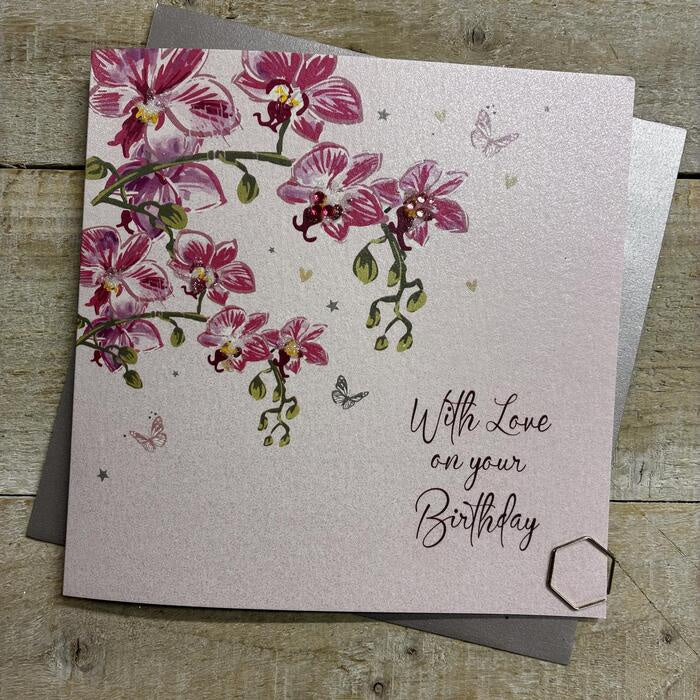 Birthday Card: PINK ORCHIDS BIRTHDAY CARD Hand Finished  - White Cotton Cards
