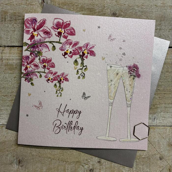 Birthday Card: CHAMPS & PINK ORCHIDS Hand Finished  - White Cotton Cards
