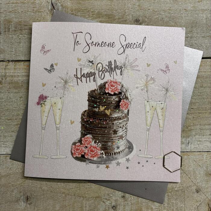 Birthday Card: BIG CAKE & FLUTES Hand Finished  - White Cotton Cards