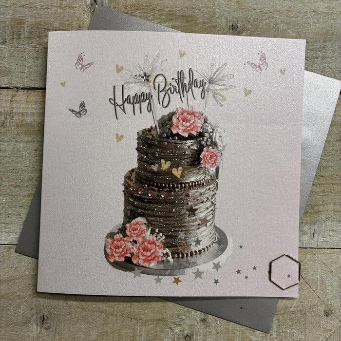 Birthday Card: BIG CAKE & SPARKLERS Hand Finished  - White Cotton Cards