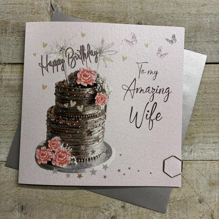 Wife Card: BIG CAKE & SPARKLERS Hand Finished  - White Cotton Cards