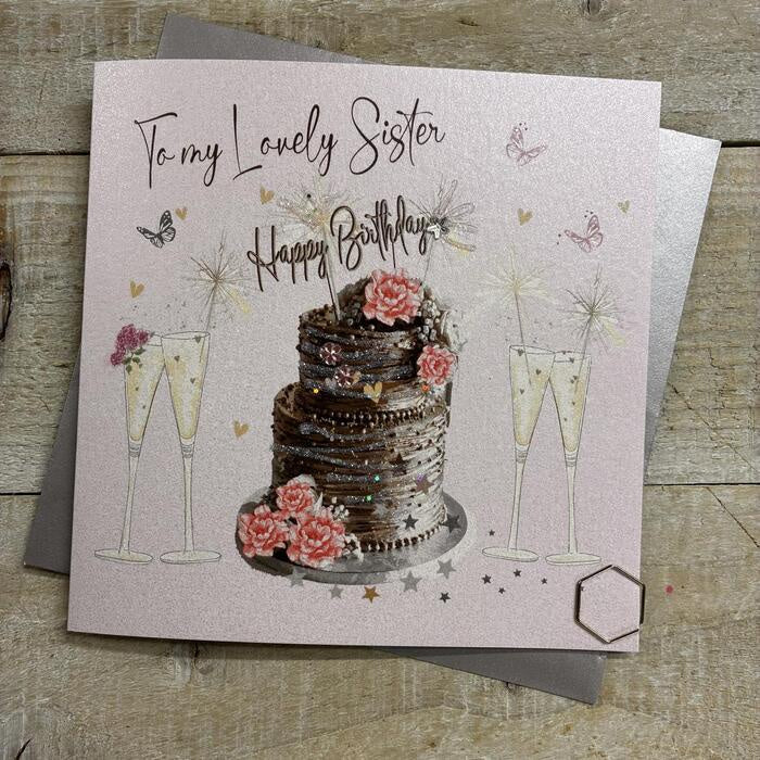 Sister Card: BIG CAKE & SPARKLERS Hand Finished  - White Cotton Cards