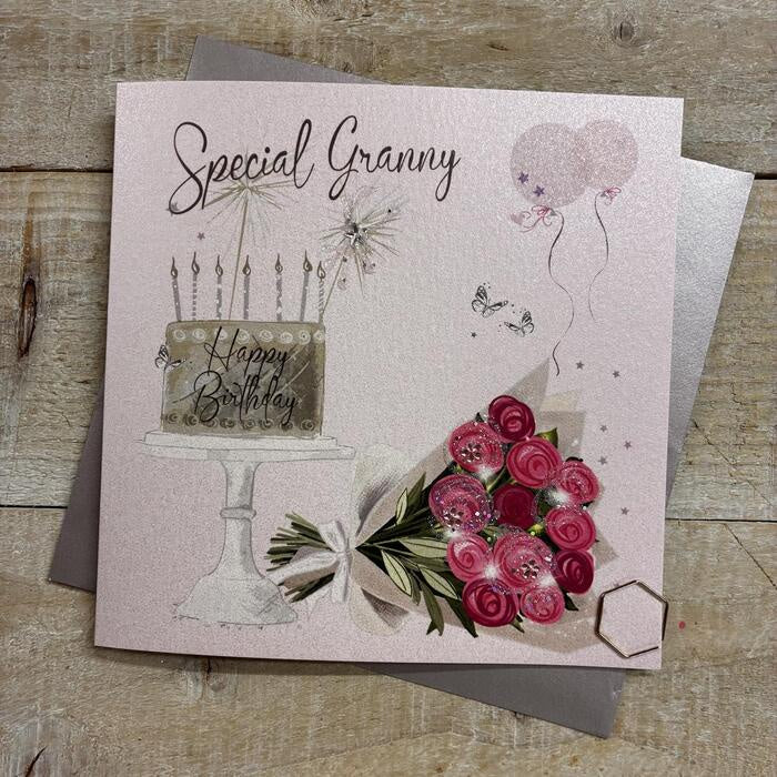Granny Card: PINK FLOWERS & SPARKLER CAKE Hand Finished  - White Cotton Cards