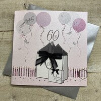 Age 60th Card: Gift bags And balloons  Hand Finished Crystals & Glitter - Pink - White Cotton Cards