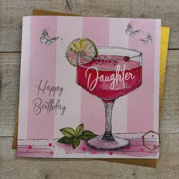 Daughter Card: Pink Cocktail With Lime Hand Finished - White Cotton Cards