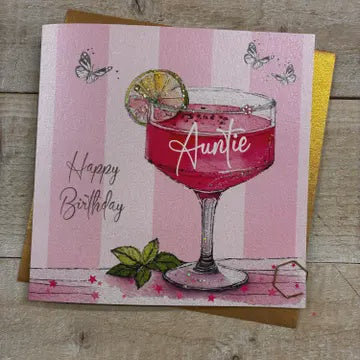 Auntie Card: Pink Cocktail With Lime Hand Finished - White Cotton Cards