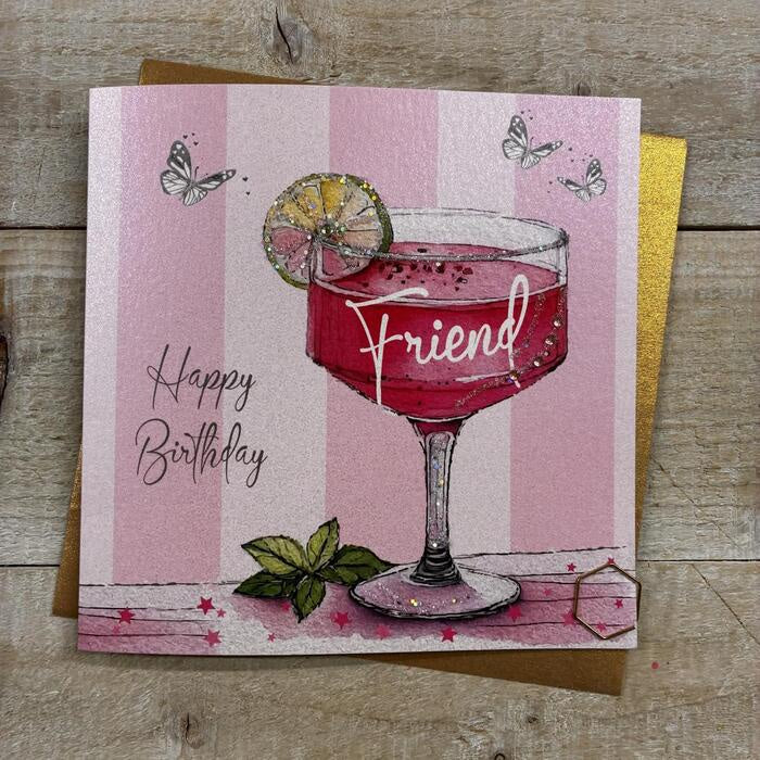 Friend Card:  Pink Cocktail with Lime Hand Finished Crystals & Glitter - Pink - White Cotton Cards