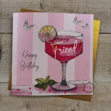 Friend Card: Pink Cocktail With Lime Hand Finished - White Cotton Cards