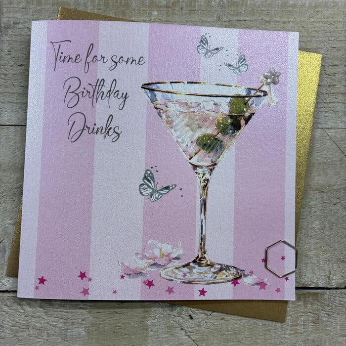 Friend Card: Pink Cocktail with Olives Hand Finished Crystals & Glitter - Pink - White Cotton Cards