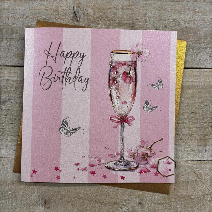 Friend Card: Fizz with Blossom Hand Finished Crystals & Glitter - Pink - White Cotton Cards