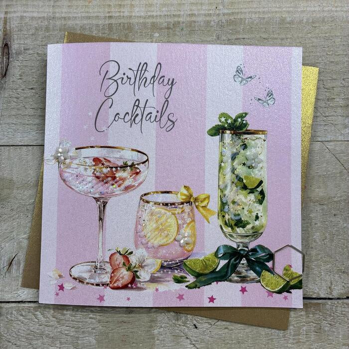 Friend Card: Lots of Cocktails Hand Finished Crystals & Glitter - Pink - White Cotton Cards