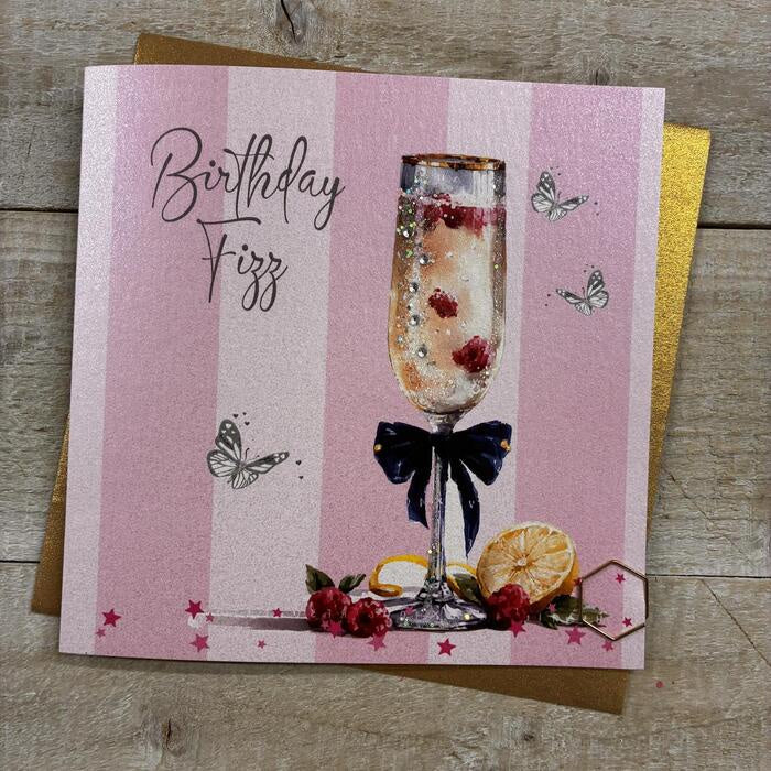 Friend Card: Fizz with Raspberries Hand Finished Crystals & Glitter - Pink - White Cotton Cards