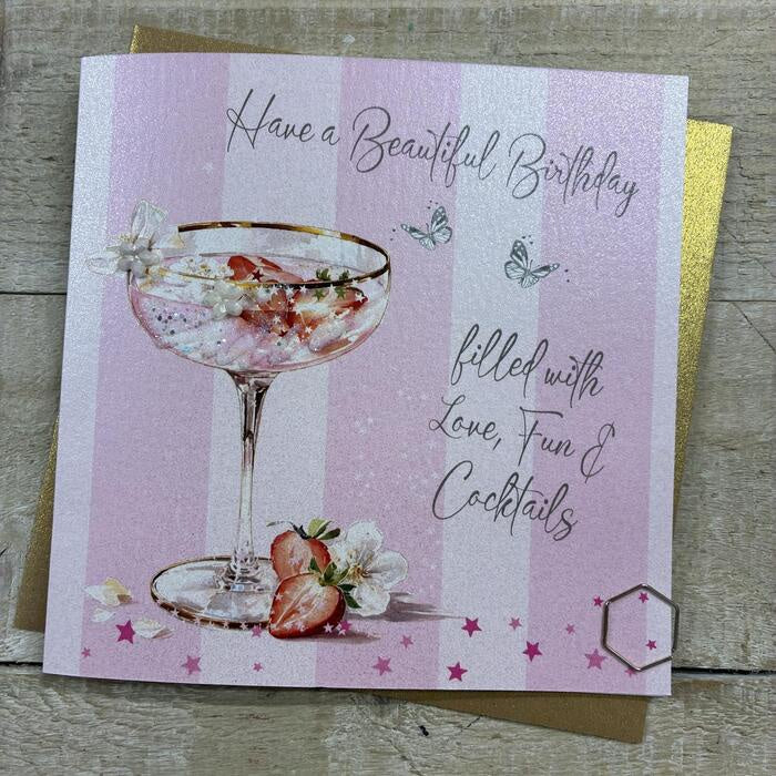 Friend Card: Pink Stripy Cocktails Hand Finished Crystals & Glitter - Pink - White Cotton Cards