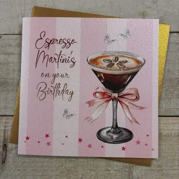 Birthday Card: Expresso Martini  Hand Finished - White Cotton Cards