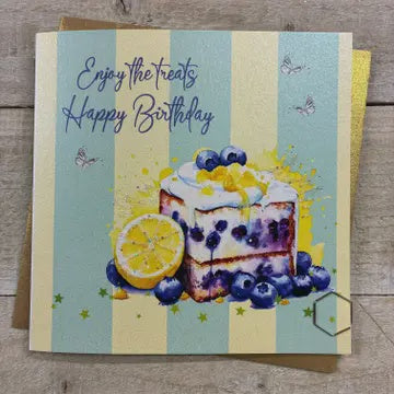 Birthday Card: Enjoy The Treats Blueberry & lemon Cake - Hand Finished - White Cotton