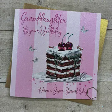 Granddaughter Card: Cherry Red Velvet Cake - Hand Finished - White Cotton