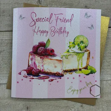 Friend Card: Truely Scrumptious Birthday Cheesecake - Hand Finished - White Cotton